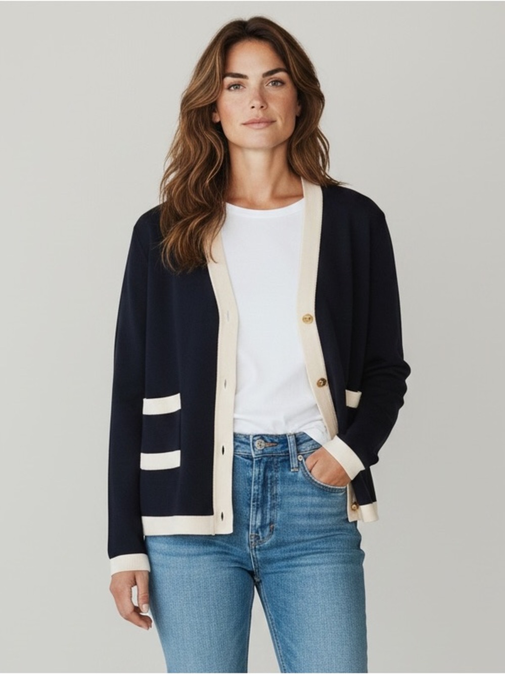 Tory Burch Colorblock Cardigan, Navy/ Ivory, Floral Lined, Gold Button Front